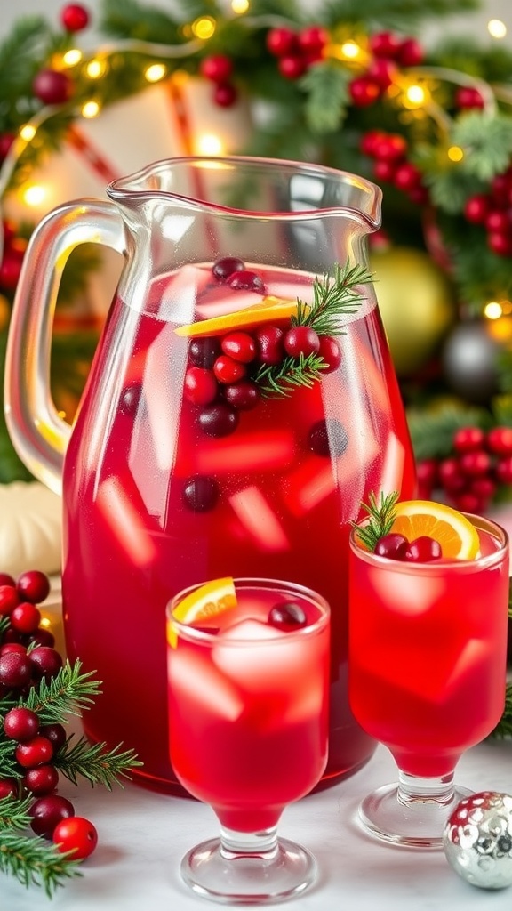 A gallon pitcher of Christmas cocktail with cranberries and orange slices, surrounded by festive decorations.